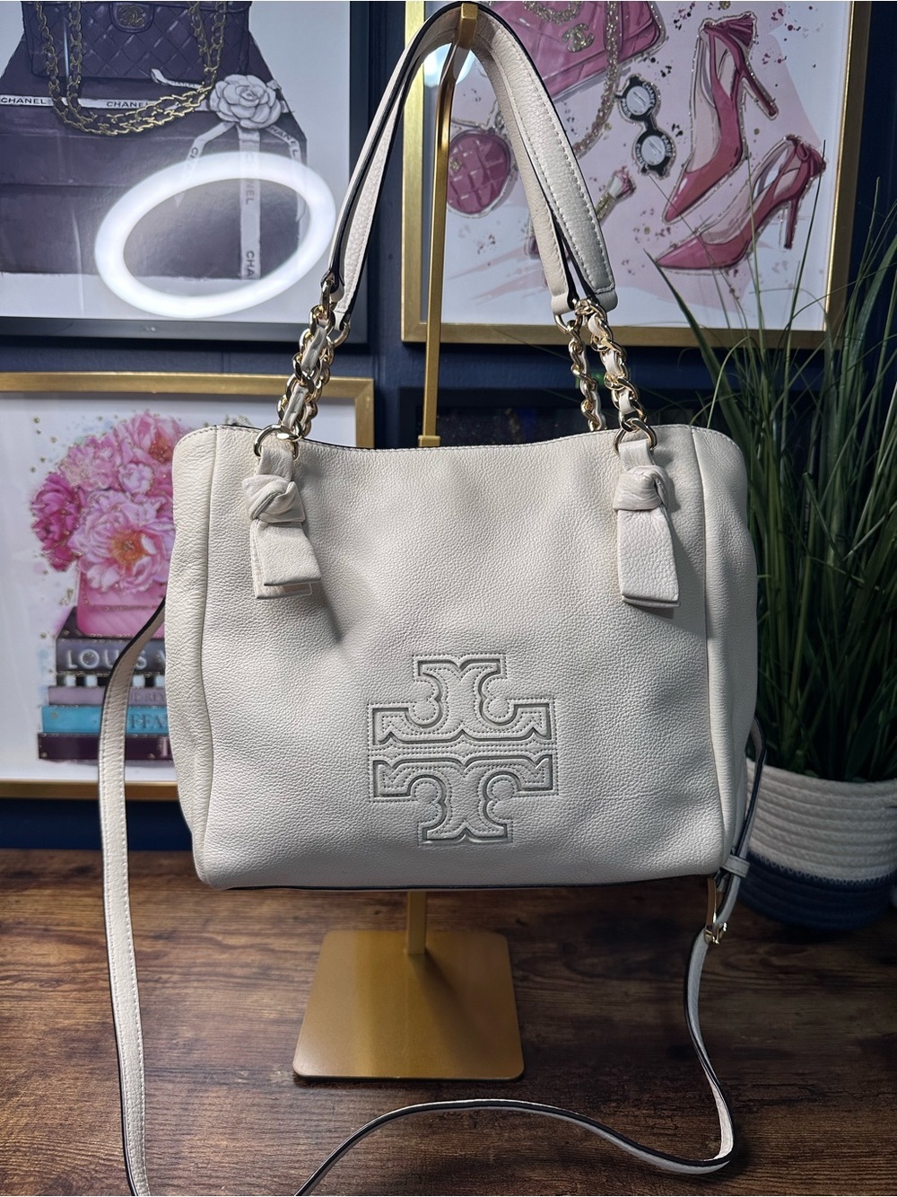 Tory Burch Harper Leather Satchel Ivory Cream Crossbody Bag